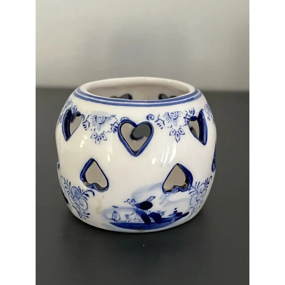 2 Delft Blue Tea Light Holder Candle Ceramic Vintage Hearts Hand painted Holland